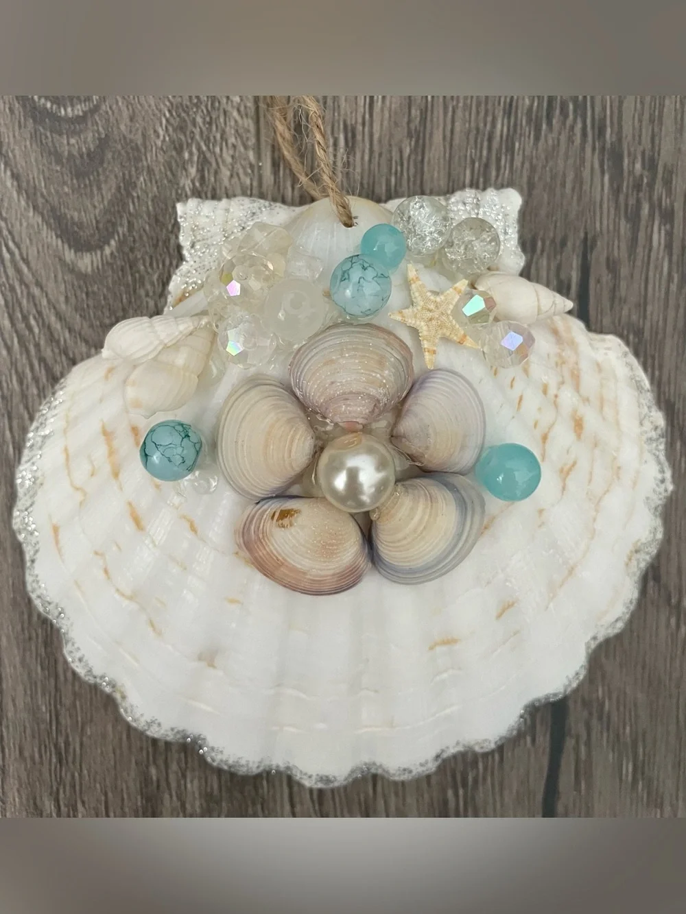 Seashell Ornament Handmade 4.5-5” Beaded Glitter Flower Aquamarine Christmas